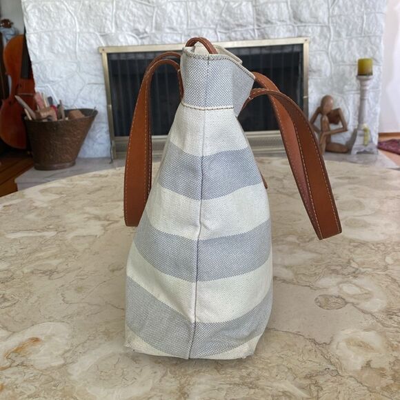 Fossil Austin Cream Blue Stripe Coated Canvas Leather Nautical Tote Shoulder Bag - Picture 6 of 15